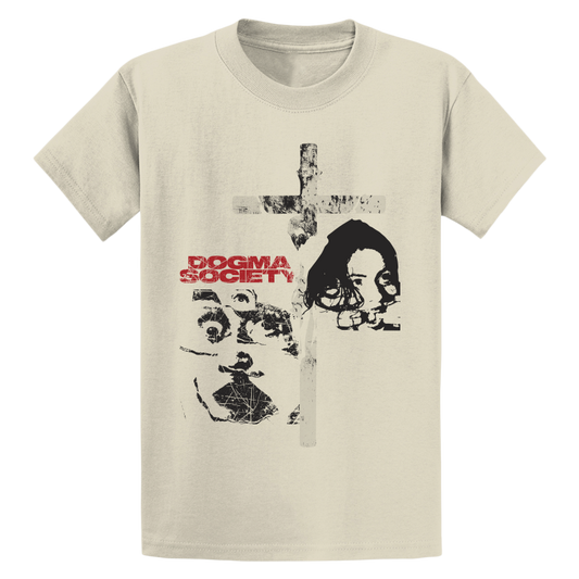 Beige t-shirt with graphic design and 'Dogma Society' text on a natural white background and a subtle cross in the middle sized from top to bottom of decoration